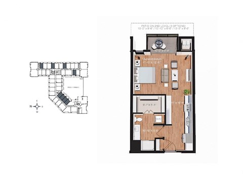 Floor plan for studio, 1 bath, 596 sqft